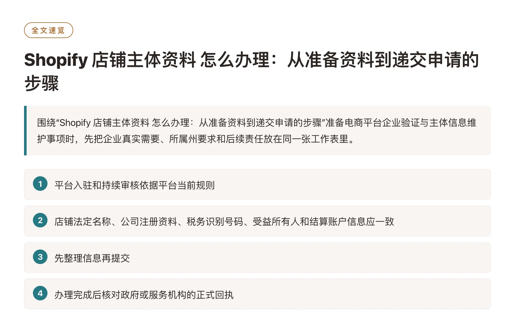 Shopify 店铺主体资料 怎么办理：从准备资料到递交申请的步骤——全文要点速览